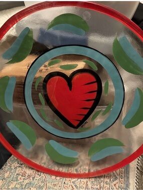 KOSTA BODA Hand Painted Heart Glass Platter Signed UHV Ulrica H Vallien 13-1/8"